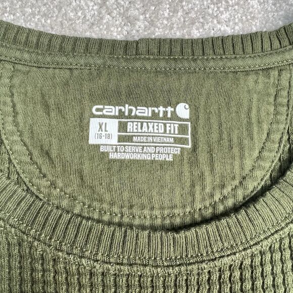 Carhartt T-Shirt Womens XL 16-18 Long Sleeve Work Green Waffle knit Thermal - Picture 3 of 6